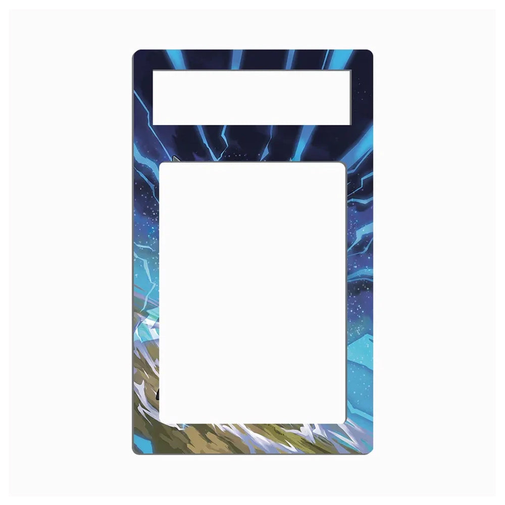 A decorative light switch or outlet cover plate featuring a blue and purple cosmic lightning design with a white cutout for a picture or text insert.