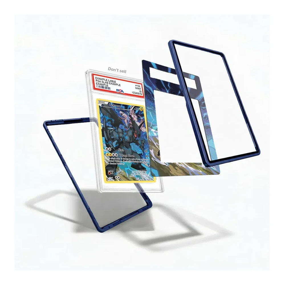 A set of custom protective card sleeves and a graded PSA-10 Super Soldier card displayed on a clean white background. The set includes dark blue border frames, a matching blue-and-white patterned sleeve, and a clear sleeve with a holographic foil overlay.
