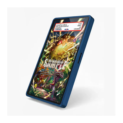A blue protective phone case shown at an angle, displaying a colorful 'Samurai: War of the Gods' card game insert on its screen. The case has a side button cutout and is photographed on a clean white background.