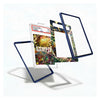 A set of custom protective card frames and a graded sample card displayed on a clean white background. The frames feature dark blue borders and clear panels, with one frame showing a colorful comic book insert.