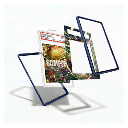 A set of custom protective card frames and a graded sample card displayed on a clean white background. The frames feature dark blue borders and clear panels, with one frame showing a colorful comic book insert.