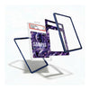 A set of custom transparent acrylic display frames with dark blue borders, shown floating around a graded PSA sample card on a clean white background.