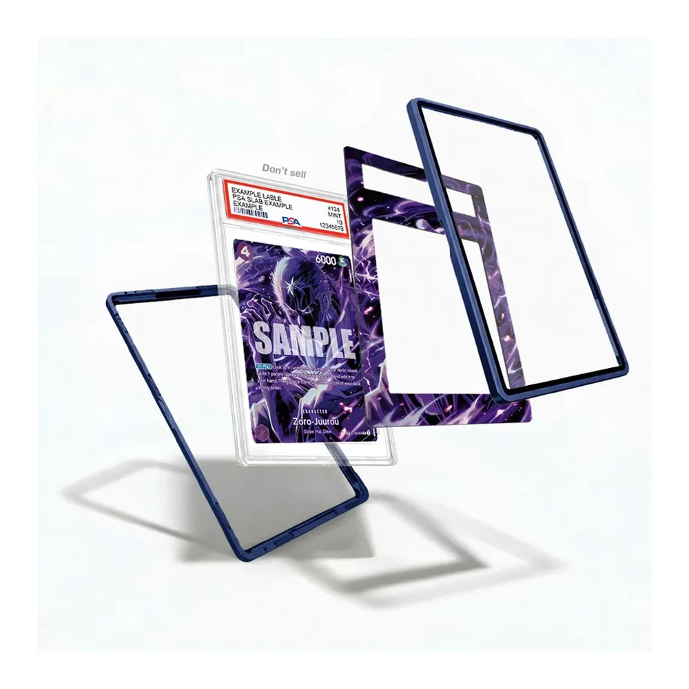 A set of custom transparent acrylic display frames with dark blue borders, shown floating around a graded PSA sample card on a clean white background.