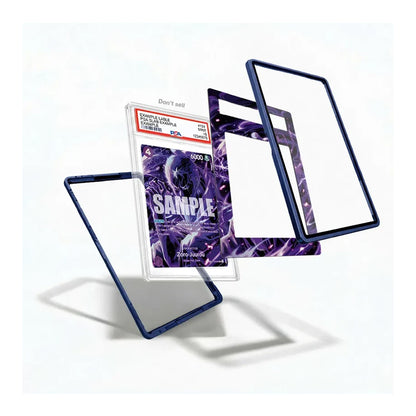 A set of custom transparent acrylic display frames with dark blue borders, shown floating around a graded PSA sample card on a clean white background.