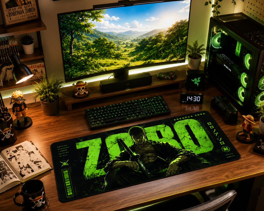 A large gaming desk mat featuring the text 'ZORO' and a dark character illustration in bright green, styled on a wooden desk in a fully set up gaming setup with a monitor, keyboard, PC tower, and accessories.