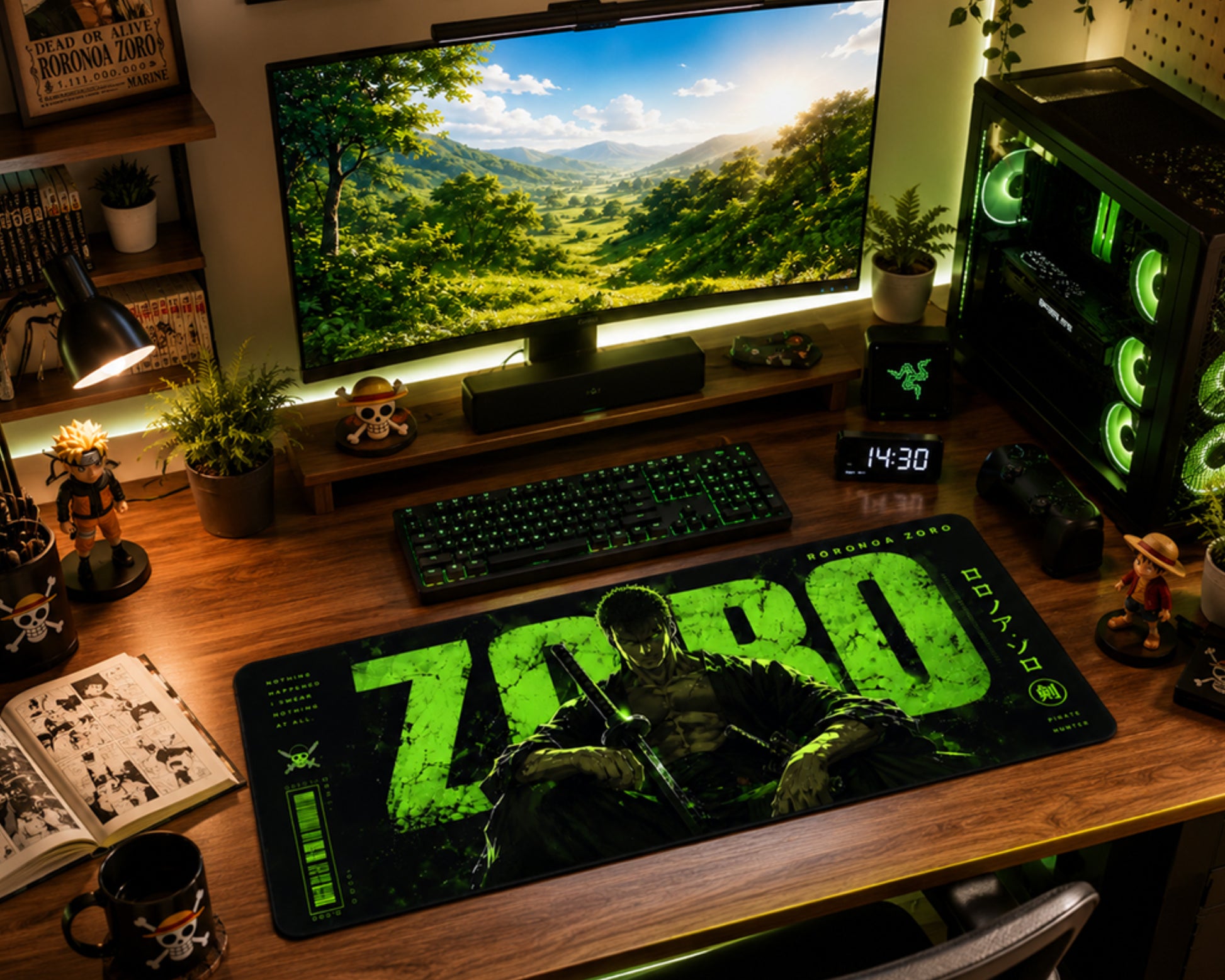 A large gaming desk mat featuring the text 'ZORO' and a dark character illustration in bright green, styled on a wooden desk in a fully set up gaming setup with a monitor, keyboard, PC tower, and accessories.