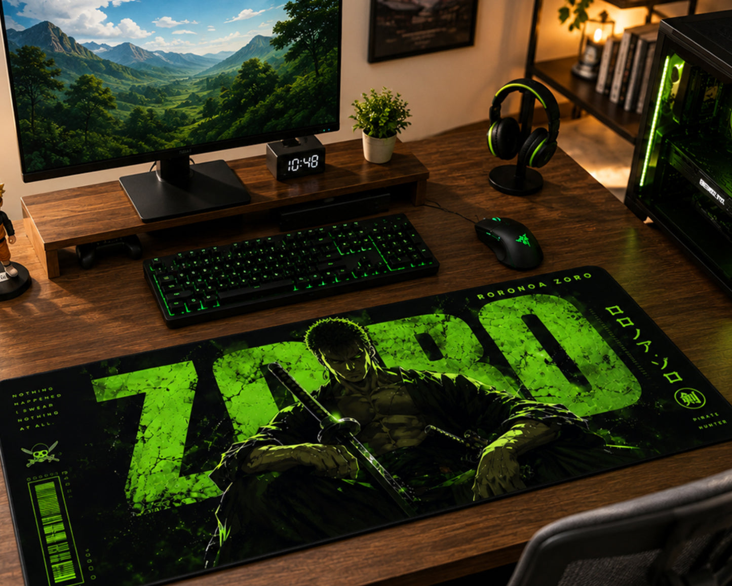 A large gaming desk mat featuring a dark green and black design with the word 'ZORD' and a stylized character, displayed on a wooden desk in a gaming setup with a keyboard, mouse, headphones, and monitor.