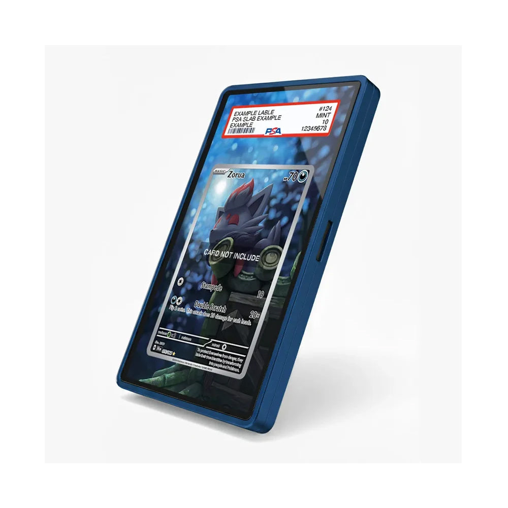 A blue protective phone case shown at an angle on a light gray background, with a sample Pokémon trading card mockup displayed on the screen.