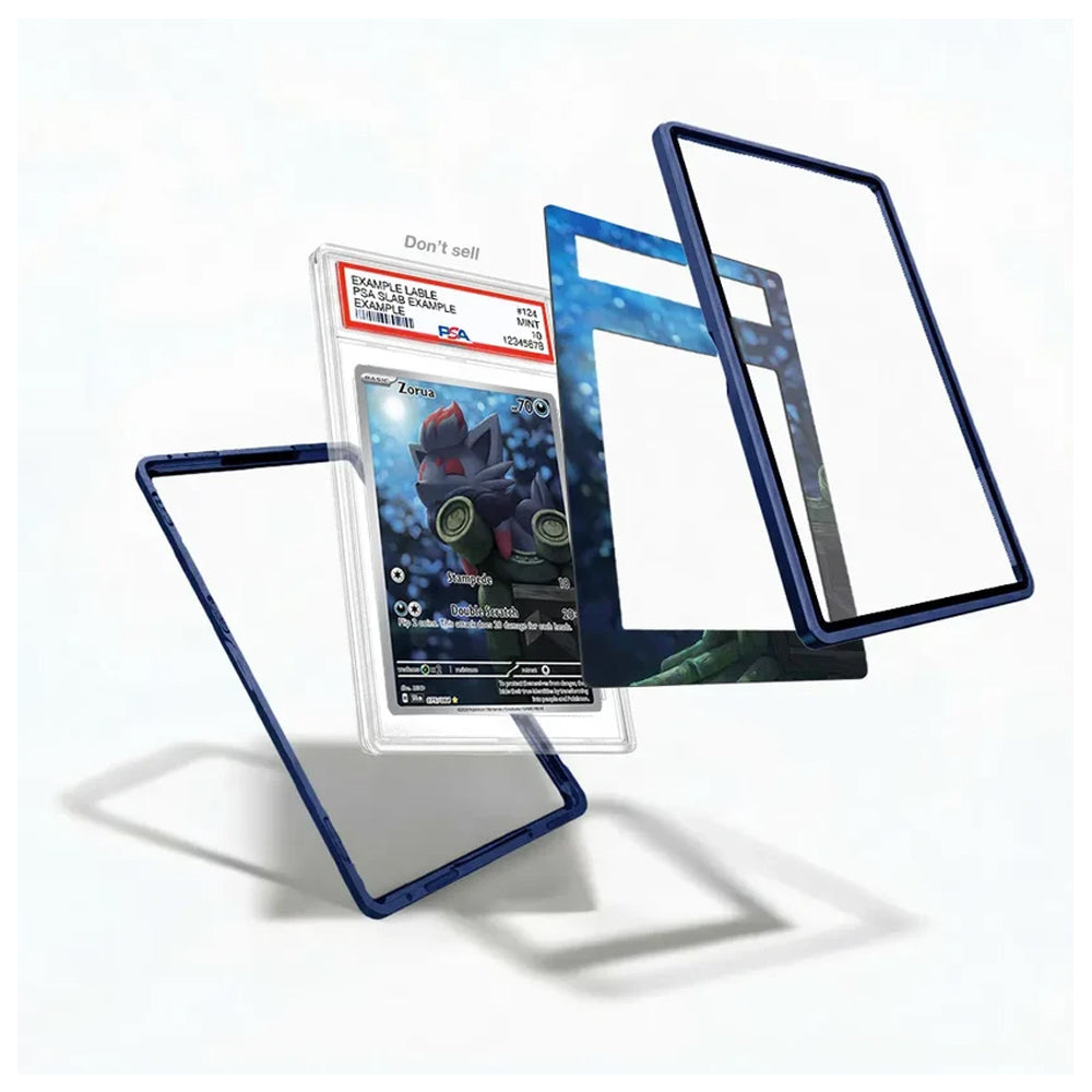 A set of custom card sleeves and frames in dark blue and clear, shown disassembled to demonstrate how they fit around a collectible card graded in a plastic slab. The background is a clean white studio setting with soft shadows.