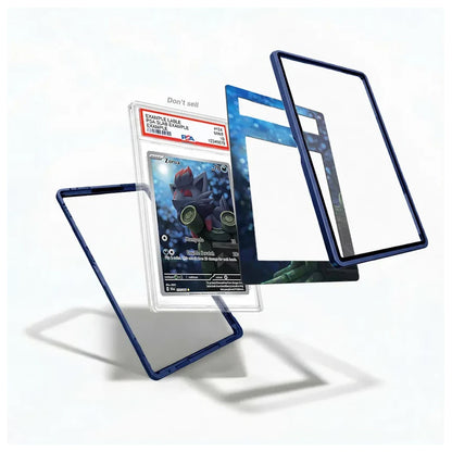 A set of custom card sleeves and frames in dark blue and clear, shown disassembled to demonstrate how they fit around a collectible card graded in a plastic slab. The background is a clean white studio setting with soft shadows.