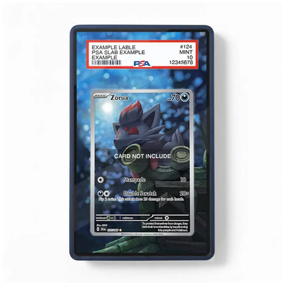 A PSA slabbed collectible card featuring Zorua, shown in a clear protective holder with a PSA label at the top. The card artwork depicts Zorua against a blue glowing background, with placeholder text indicating the card is not included.