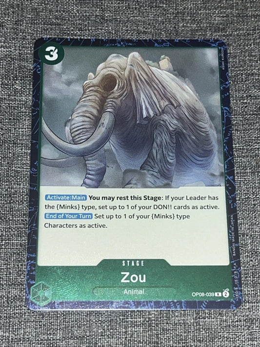 One Piece TCG Rare (R) Foil card of Zou from the Two Legends OP08 set, featuring the ancient elephant island in a stunning holographic finish.