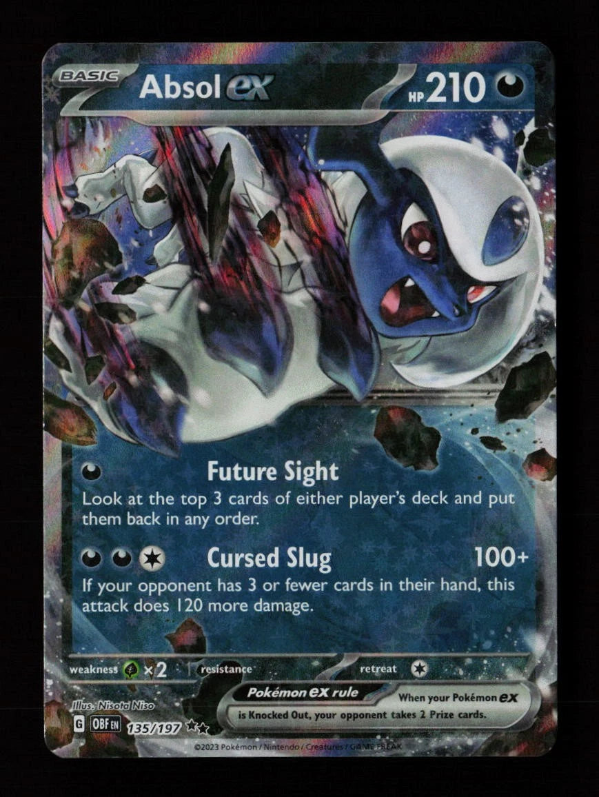 Pokémon TCG Absol ex 135/197 Double Rare card from Obsidian Flames, featuring the Dark-type Pokémon with a premium shimmering holofoil finish