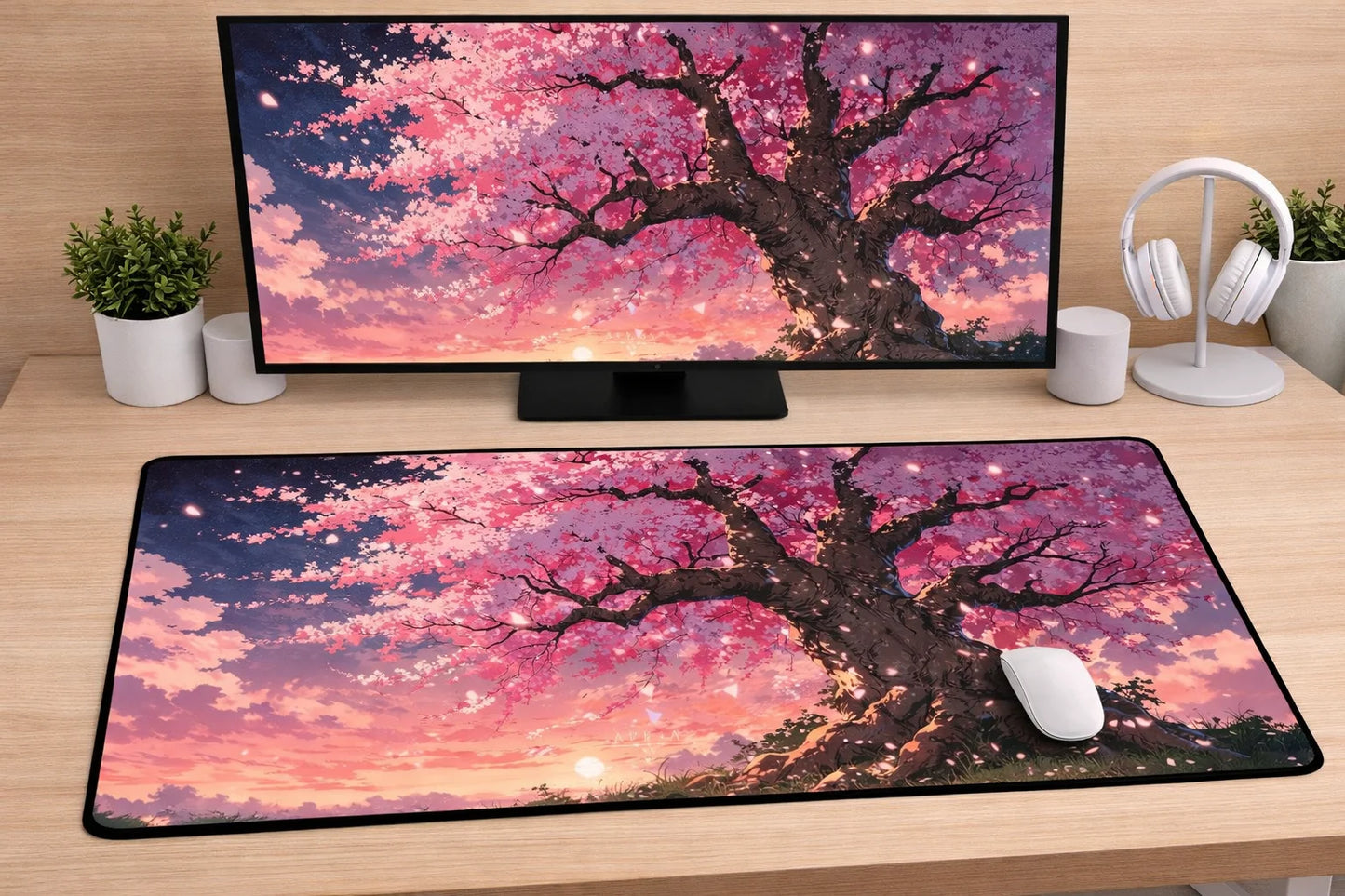 Large 24x12 inch aesthetic mousepad featuring a large blossoming cherry blossom tree under a vibrant pink and blue sunset sky on a clean desk setup