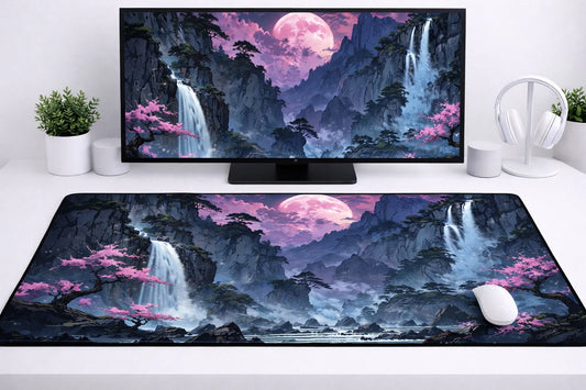 Large 24x12 inch aesthetic mousepad featuring twin waterfalls, cherry blossom trees, and a large pink moon over mountains on a clean desk setup.