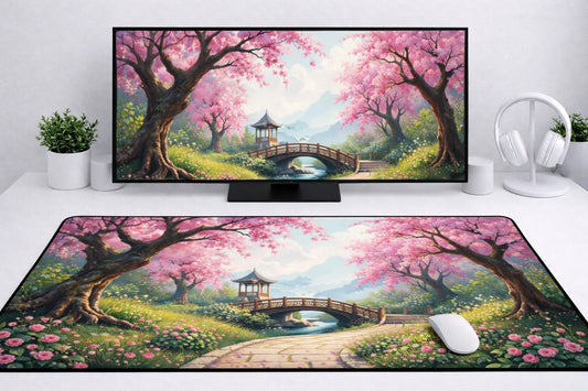 Large 24x12 inch aesthetic mousepad featuring a stone path, a bridge, a pagoda, and blooming cherry blossom trees in a bright garden setup