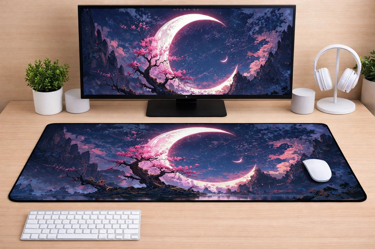 Large 24x12 inch aesthetic mousepad featuring a peaceful lo-fi night landscape with a glowing moon and cherry blossoms on a clean desk.