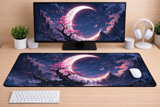 Large 24x12 inch aesthetic mousepad featuring a peaceful lo-fi night landscape with a glowing moon and cherry blossoms on a clean desk.