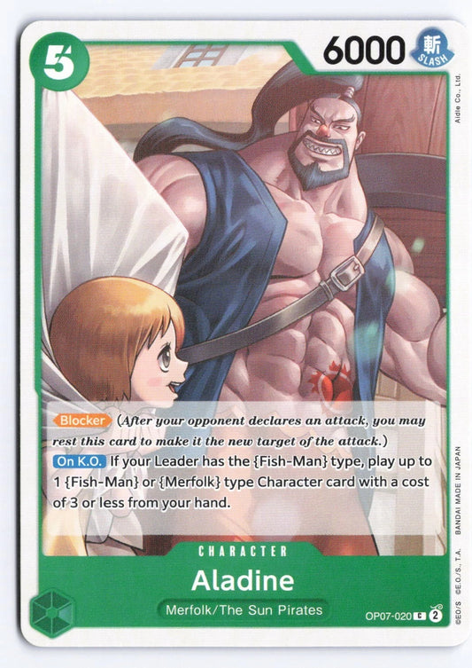 One Piece TCG character card OP07-020 featuring a large, muscular Merfolk named Aladine with a goatee and black ponytail, standing behind a small smiling girl.