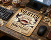 Monkey D. Luffy wanted poster themed anime mouse pad in vintage beige style, placed on wooden desk surrounded by pirate-inspired accessories, compass props, and gaming workspace setup