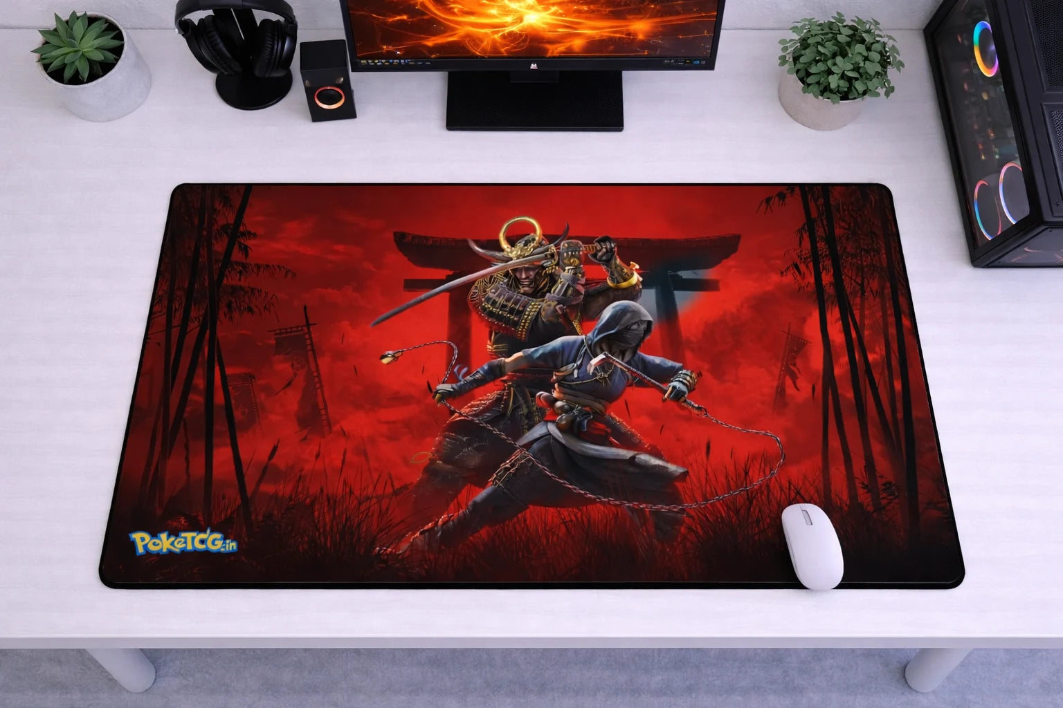 Large 24x12 inch Assassin's Creed Shadows mousepad featuring Naoe and Yasuke against a red torii gate and bamboo background.