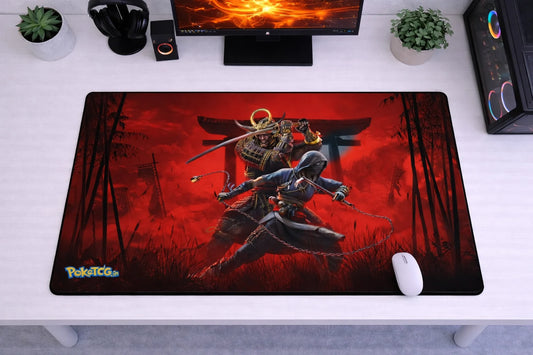 Large 24x12 inch Assassin's Creed Shadows mousepad featuring Naoe and Yasuke against a red torii gate and bamboo background.