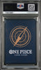 A PSA graded One Piece Card Game deck box inside a clear plastic grading case, featuring a dark blue cover with a gold compass design and white One Piece branding.