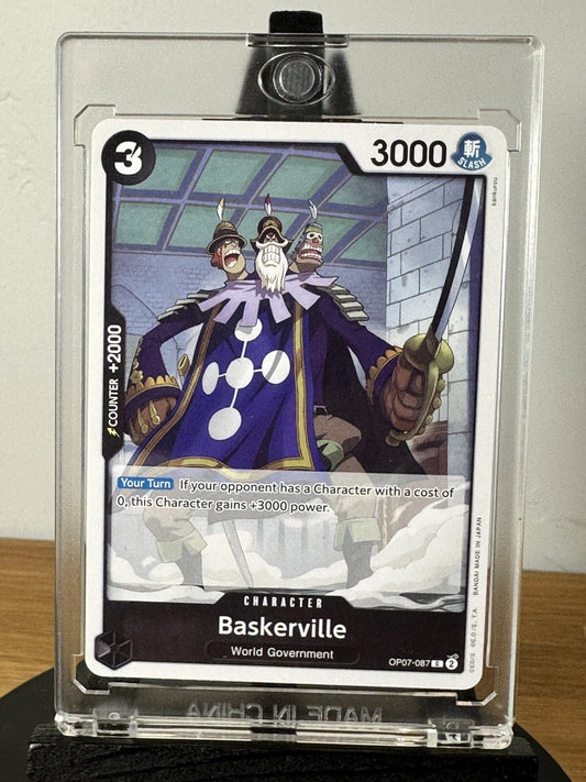 One Piece TCG character card OP07-087 featuring Baskerville, a large man with three heads and a purple cape with white circles, holding a sword against a stone building background