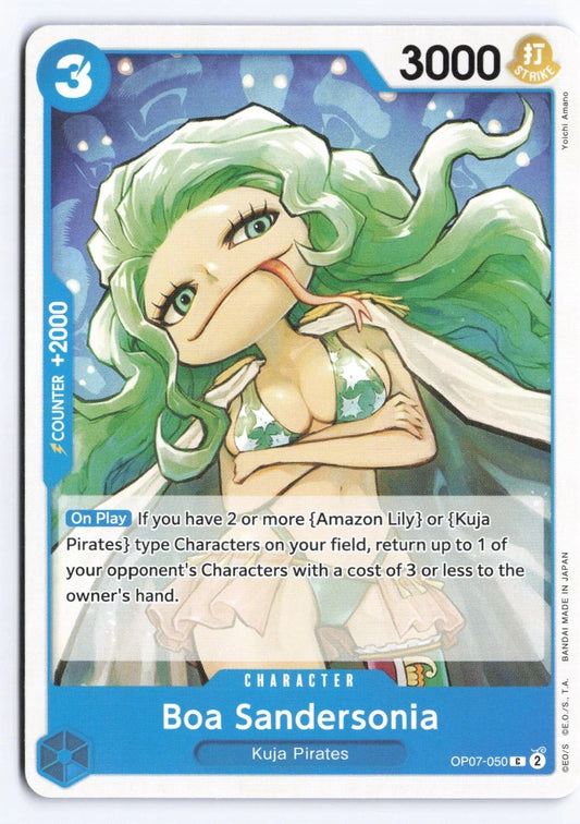One Piece TCG character card OP07-050 featuring Boa Sandersonia with long green wavy hair and a snake tongue, wearing a star-pattern bikini against a blue background with silhouettes