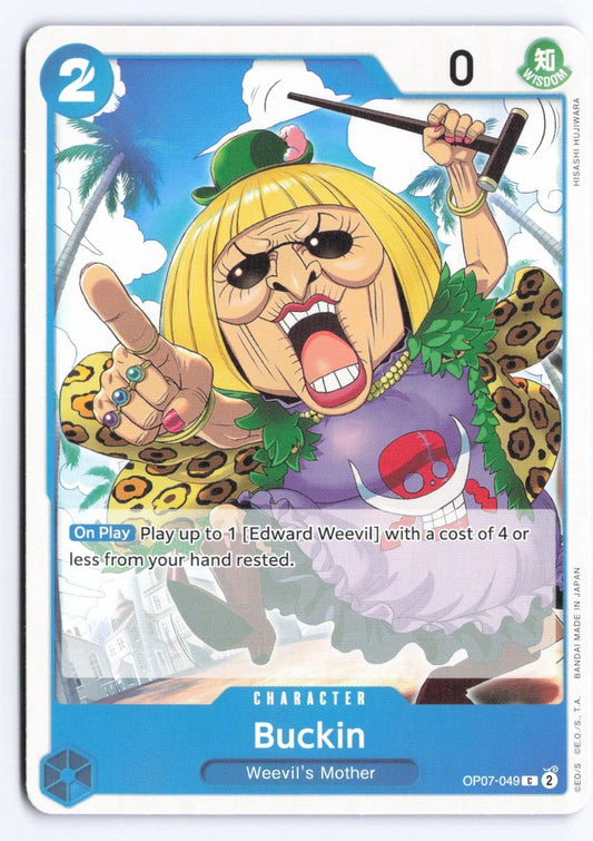 One Piece TCG character card OP07-049 featuring Buckin, an older woman with short blonde hair and sunglasses, wearing a leopard-print coat and holding a cane against a tropical background