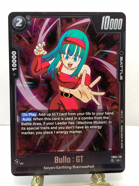 Dragon Ball Super Card Game Bulla FB04-119 rare Yellow card from Fusion World set featuring GT and Earthling search ability.