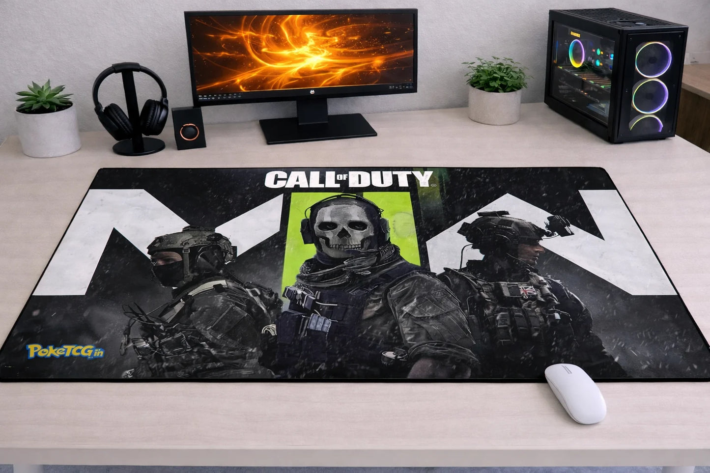 Large 24x12 inch Call of Duty mousepad featuring Simon 'Ghost' Riley and Task Force 141 operators on a clean gaming desk setup.