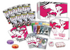 Pokémon trading card game set with cards, dice, and player's guide on a white background