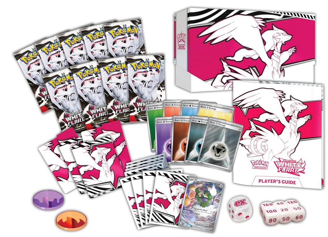 Pokémon trading card game set with cards, dice, and player's guide on a white background
