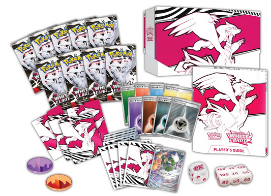 Pokémon trading card game set with cards, dice, and player's guide on a white background