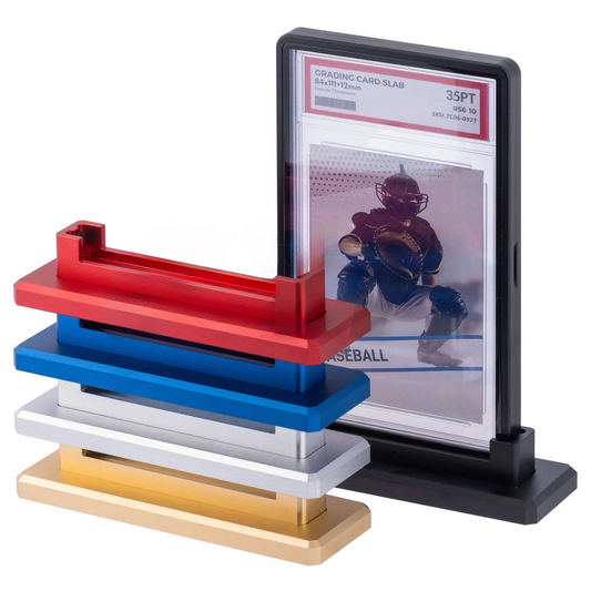 Set of card holders in red, blue, white, and gold with a display stand showing a trading card.