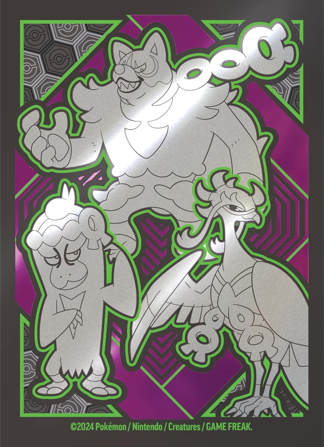 Pokémon trading card with three characters on a purple and green background