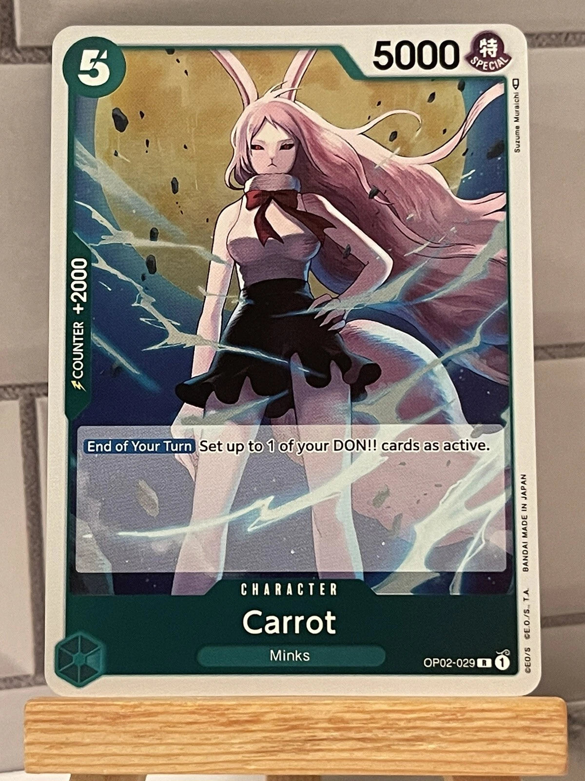 One Piece TCG Carrot OP02-029 rare character card from Paramount War set featuring dynamic Mink Tribe warrior artwork.