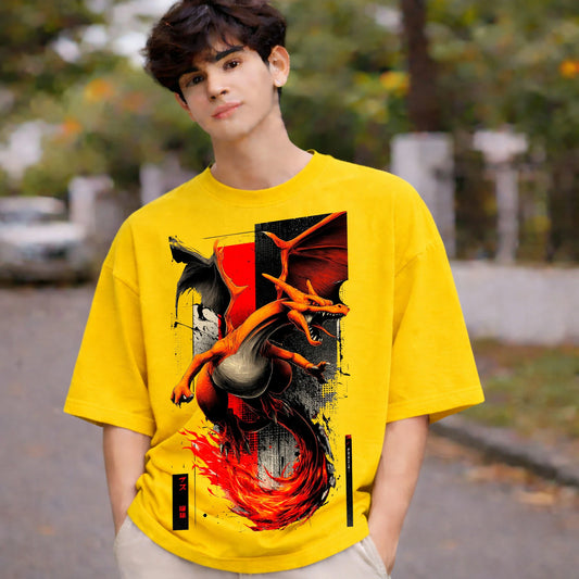 A male model wearing the yellow PokeTCG oversized Charizard Unleashed anime t-shirt, highlighting the vibrant fire-type graphic and streetwear fit.