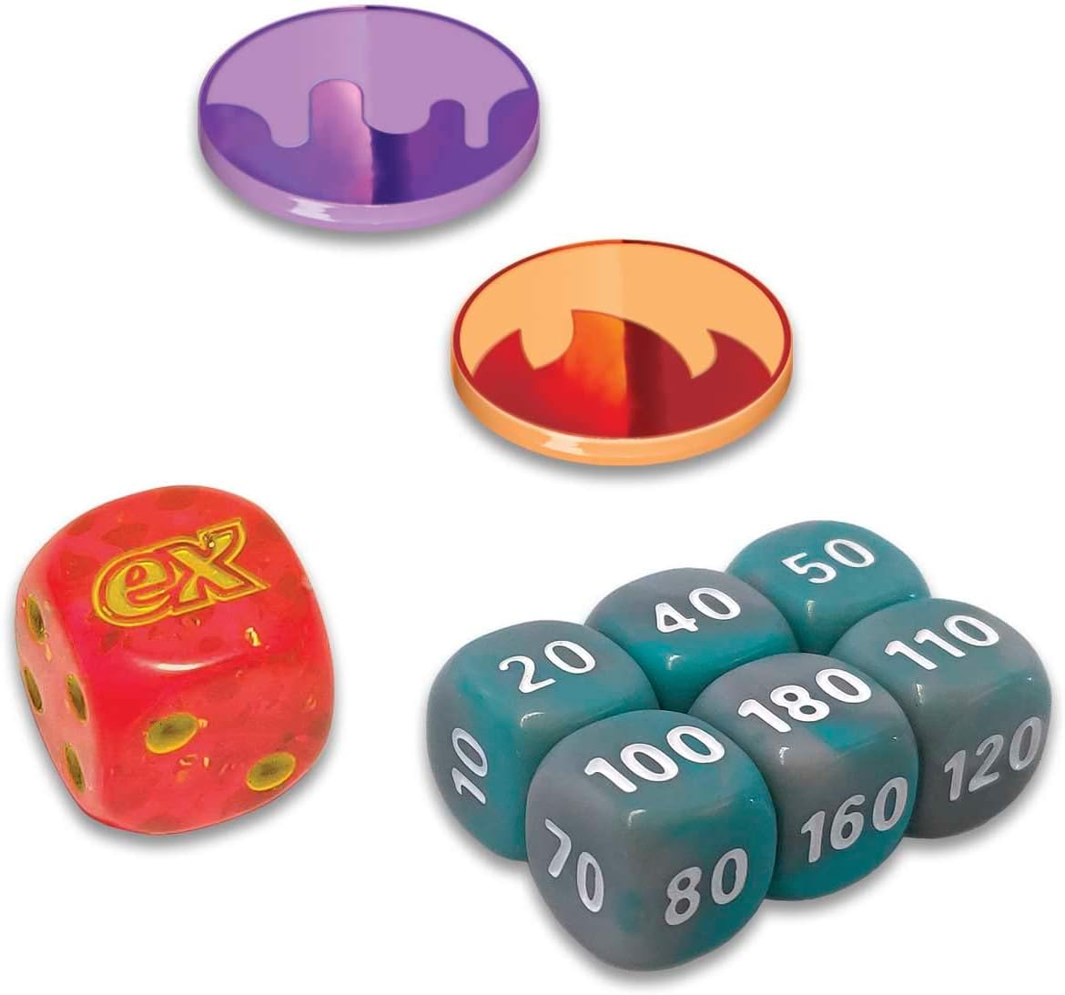 Set of colorful dice with different numbers on a white background