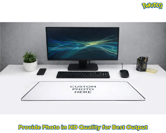 Large 24x12 inch custom mousepad showing the 4-step process of adding a personal photo to a high-quality gaming desk mat