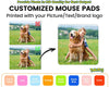 Customized mouse pads graphic showing a sample photo of a child hugging a golden retriever dog, with text explaining that custom pictures, text, and brand logos are printed on the pads. A row of color swatches is shown at the bottom labeled Peach Yellow, Pink, Robin Egg Blue, Orange, Grass Green, Royal Blue, Blush Pink, and Coral.
