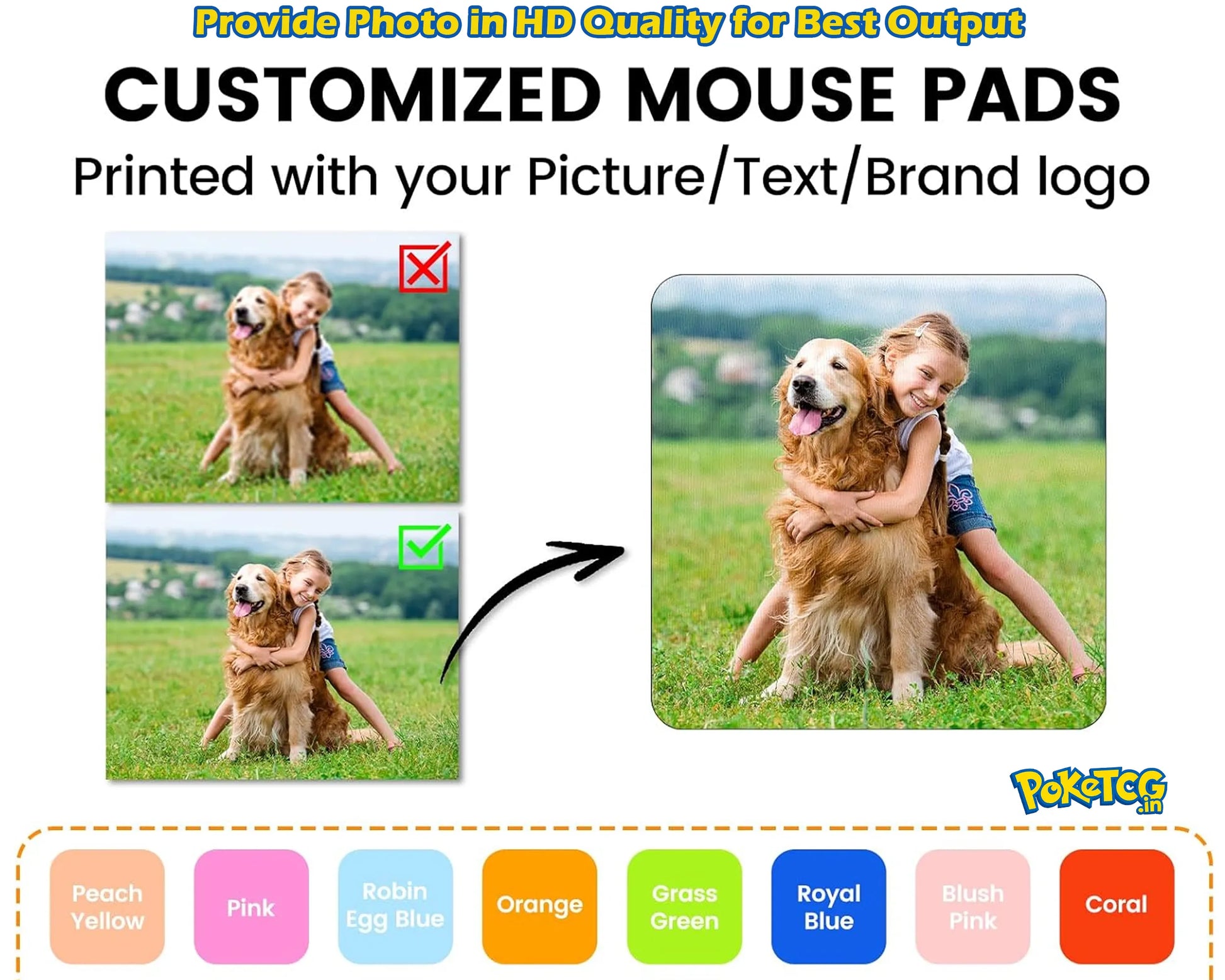 Customized mouse pads graphic showing a sample photo of a child hugging a golden retriever dog, with text explaining that custom pictures, text, and brand logos are printed on the pads. A row of color swatches is shown at the bottom labeled Peach Yellow, Pink, Robin Egg Blue, Orange, Grass Green, Royal Blue, Blush Pink, and Coral.