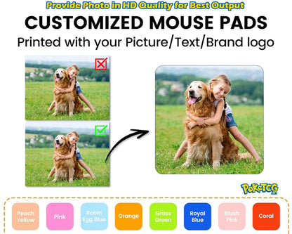 Customized mouse pads graphic showing a sample photo of a child hugging a golden retriever dog, with text explaining that custom pictures, text, and brand logos are printed on the pads. A row of color swatches is shown at the bottom labeled Peach Yellow, Pink, Robin Egg Blue, Orange, Grass Green, Royal Blue, Blush Pink, and Coral.