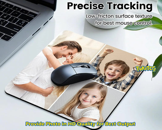 A custom photo mouse pad shown on a desk with a laptop corner, a computer mouse on top, and promotional text reading 'Precise Tracking' and 'Provide Photo in HD Quality for Best Output.' The mouse pad features three printed photos of a family and has a visible Pokémon logo watermark.