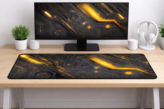 Large 24x12 inch cyberpunk mousepad featuring a black and yellow futuristic circuit board design on a clean gaming desk setup.