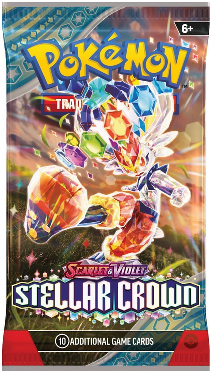 Pokémon trading card game pack featuring 'Scarlet & Violet: Stellar Crown' with colorful design.