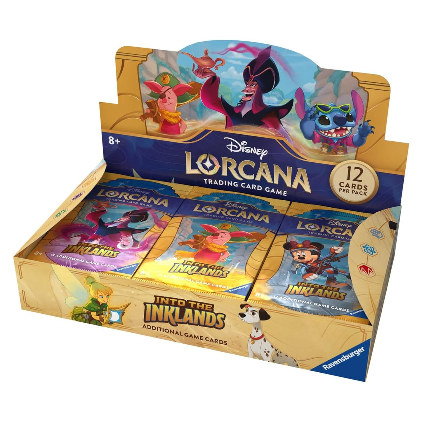 Ravensburger Disney Lorcana Into the Inklands booster pack display with 24 packs and 12 trading cards each factory sealed