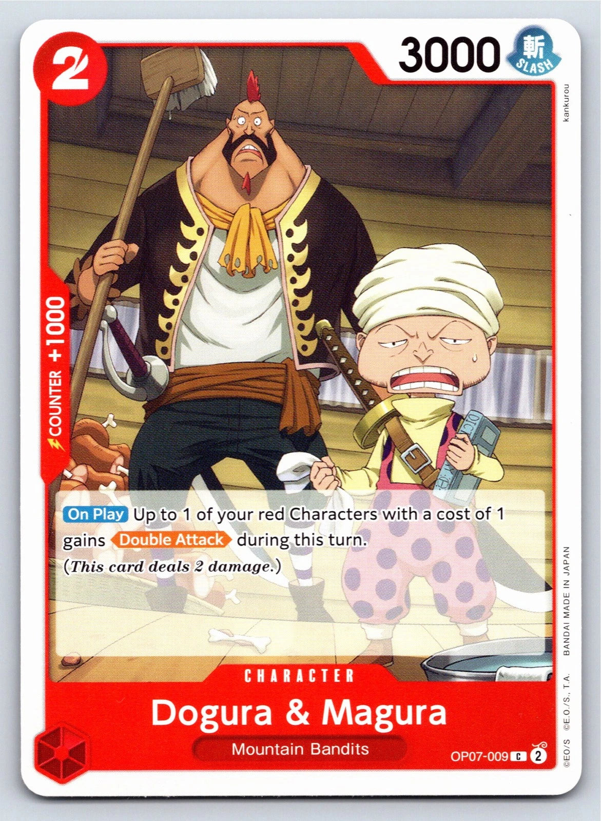 One Piece TCG character card OP07-009 featuring Dogura, a tall man with a red mohawk and goatee, standing next to Magura, a short man in a white turban and polka-dot pants