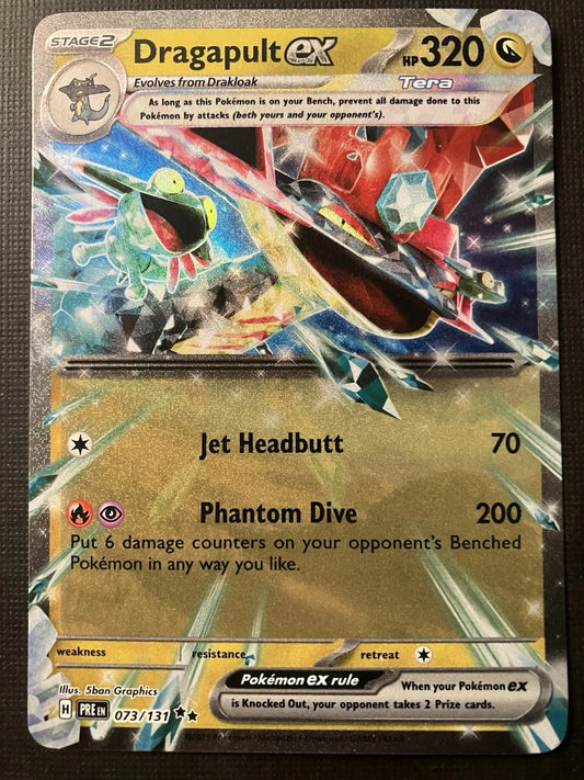 Pokémon TCG Dragapult ex 073/131 Double Rare card from Prismatic Evolutions, featuring the Tera-form Dragon-type Pokémon with a premium prismatic finish.